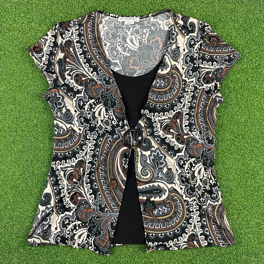 Vintage Y2K Claudia Richard Brown Paisley Plunge Ring Detail Boho Blouse Sz L